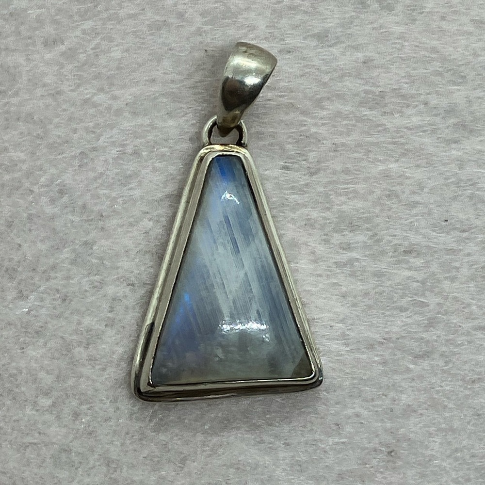 Vtg 925 Sterling Silver & Rainbow Moonstone Triangle Necklace Pendant